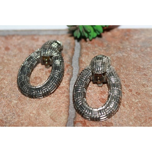 Textured Gunmetal Hoop Medallion Clip-on Earrings - Picture 1 of 6